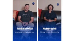 A split-screen graphic introducing the church elders. On the left, JohnDaniel Veitch sits on a couch above the text "Anchored in His Goodness." On the right, Michelle Veitch sits on a couch above the text "Strong Church Community."