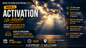 An informational graphic for the "Read to Hear God Speak" workshop, Week 3 Activation. It features a dramatic sunlit sky over water and outlines the steps to engage imagination and hear God personally: See, Hear, Receive, Respond, and Experience.
