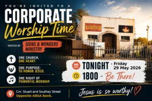An invitation flyer for a "Corporate Worship Time" hosted by Signs & Wonders Ministry. The graphic features a photo of the ministry's building exterior and lists the event details for Friday, 29 May 2026.