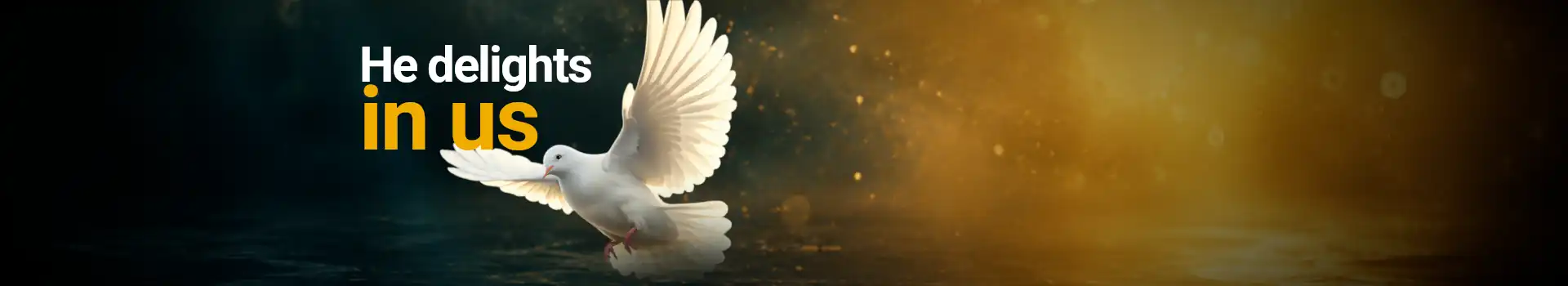 A white dove in flight over dark waters illuminated by golden light, illustrating the Spirit of God, alongside the text "He delights in us".