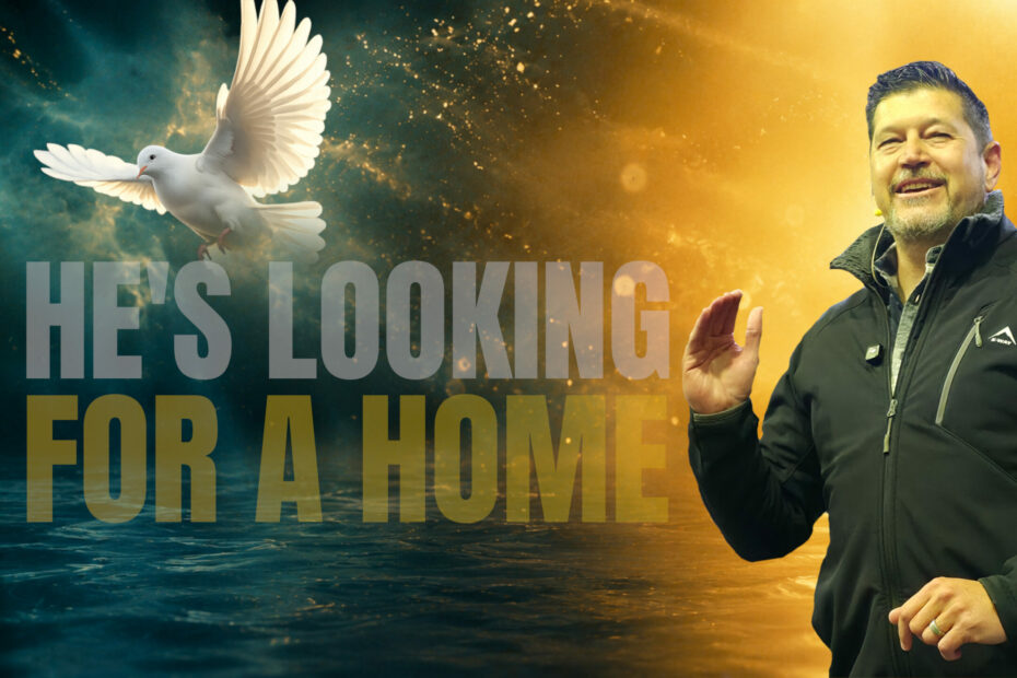 Pastor teaching about the Spirit of God next to a white dove hovering over water, with the bold text "He's looking for a home".