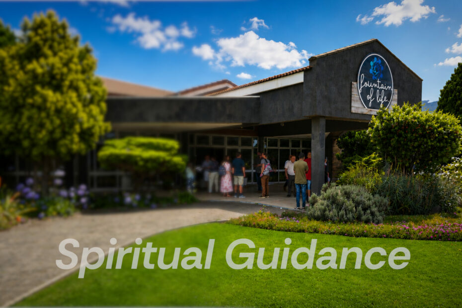 A welcoming view of people gathering outside the Fountain of Life church building, overlaid with the title text "Spiritual Guidance".